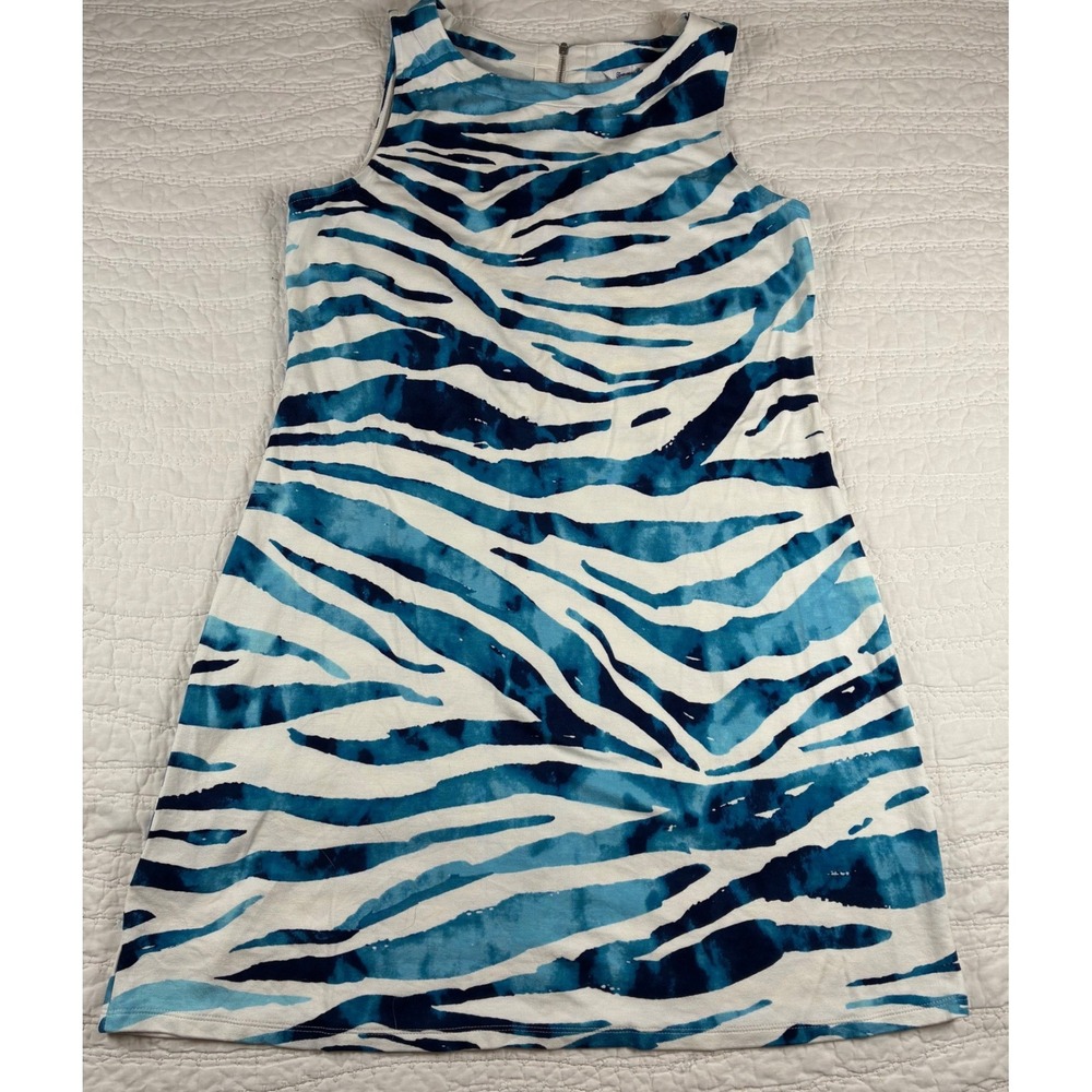 Tommy Bahama Sheath Dress Sz L Blue Zebra Print Sleeveless Knit Casual Mini Vaca